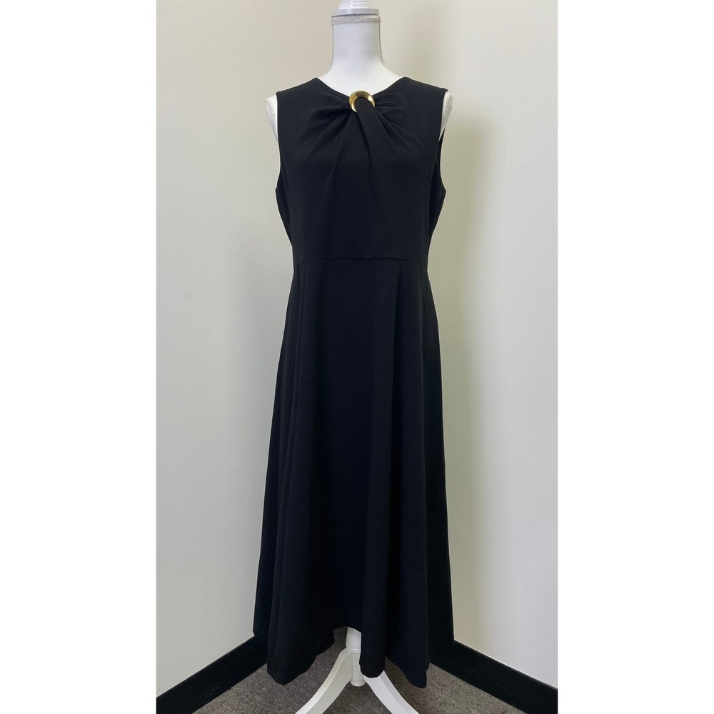 Donna Karan New York Black Sleeveless Midi Dress Gold Hardware Accent Size 12